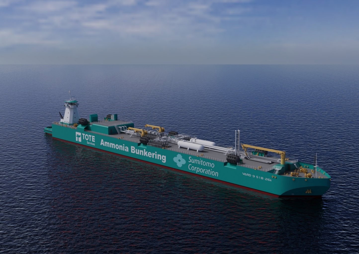 Ammonia bunkering vessel sailing on open sea with company logos.