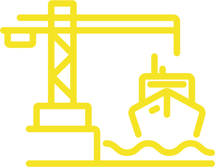 Construction crane lifting a ship in a harbor, depicted in a yellow outline style.
