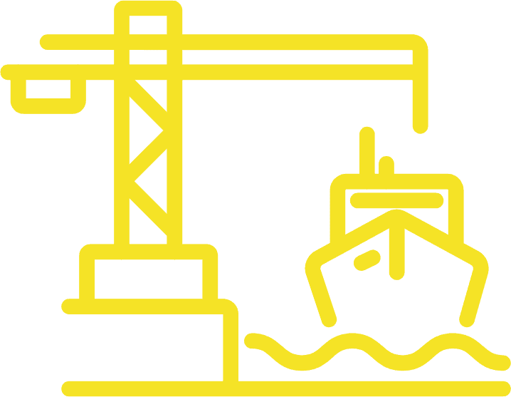 Construction crane lifting a ship in a harbor, depicted in a yellow outline style.