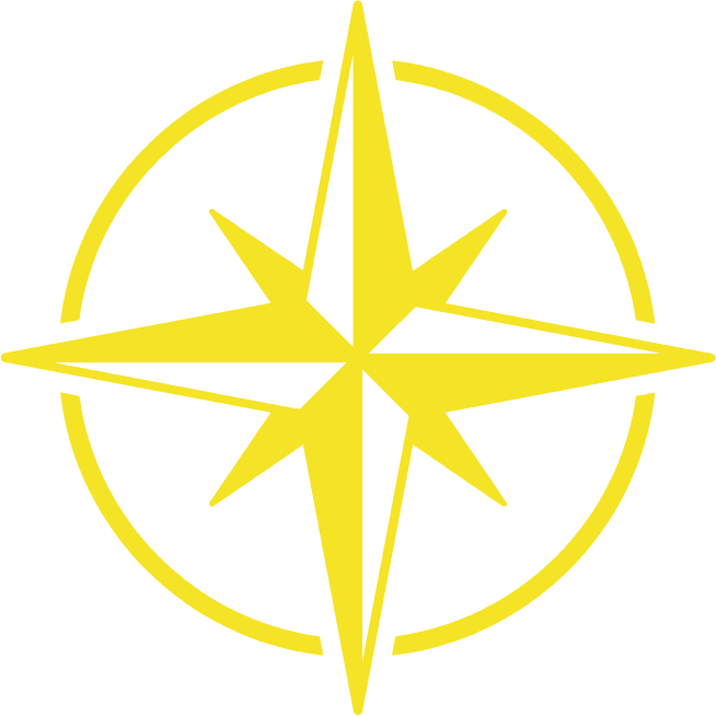 Yellow compass rose symbol on a black background.