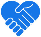 Heart-shaped handshake icon in blue.