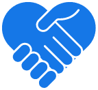 Heart-shaped handshake icon in blue.