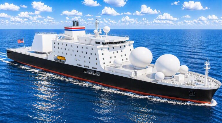 Large ship with radar domes sailing on the ocean under a blue sky.