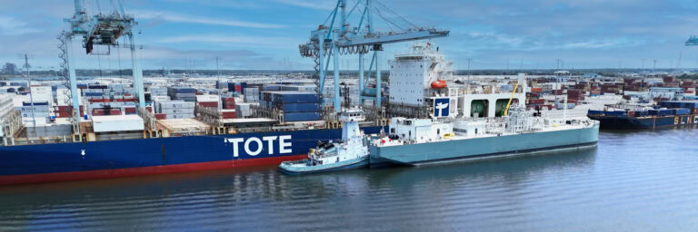 Tote cargo ship at port with cranes and containers.