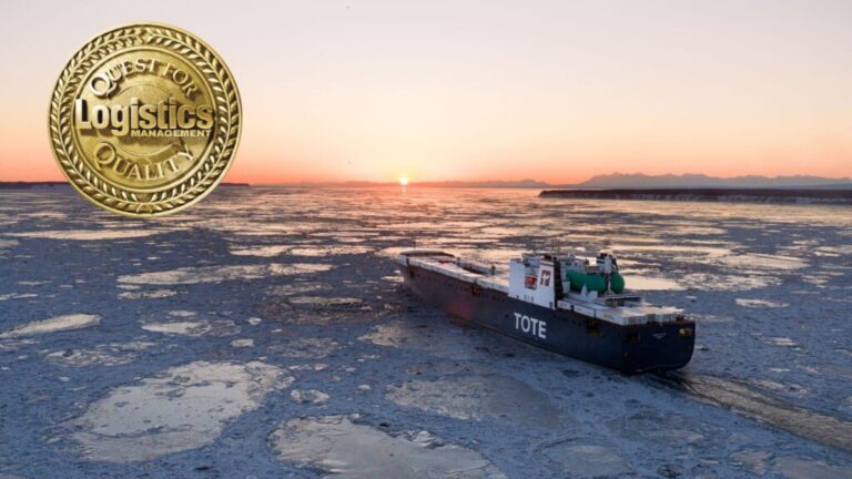 TOTE Maritime Alaska ship navigating icy waters at sunset.